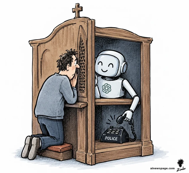 Satirical cartoon: a kneeling man confides at a wooden confessional booth while a smiling robot behind the screen secretly dials a telephone labeled POLICE.