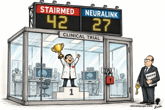Satirical cartoon: a scientist in a white coat raises a trophy on a winner's podium inside a padlocked glass clinical-trial chamber, under a scoreboard reading STAIRMED 42 and NEURALINK 27, while a regulator holding a key and a REGULATOR folder waits outside.