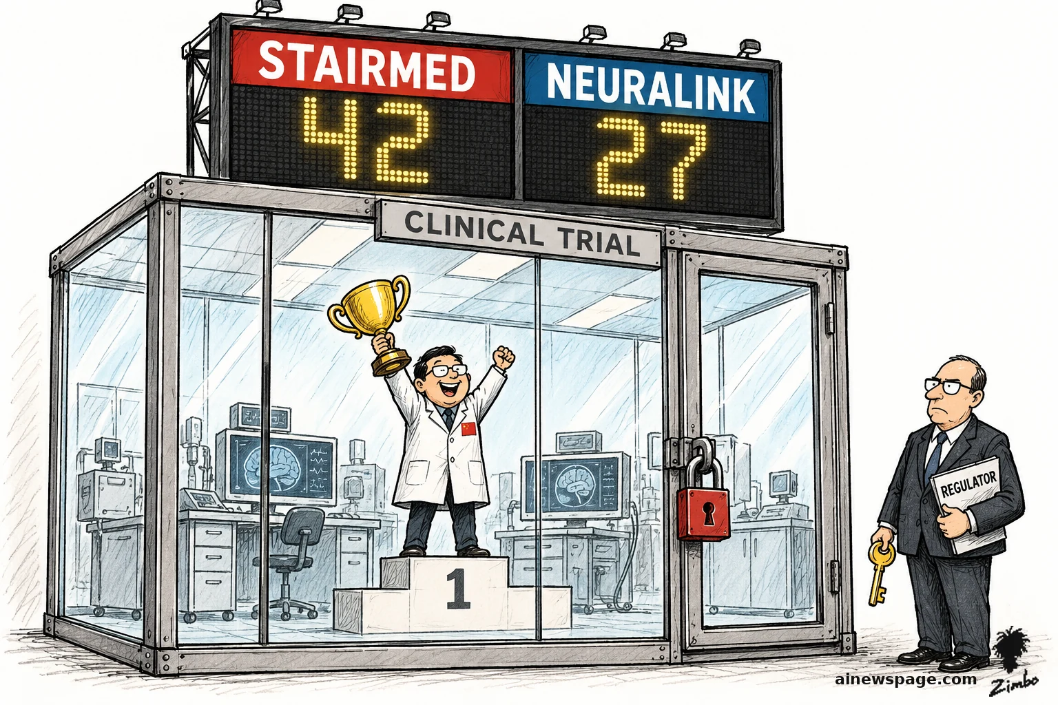 AI cartoon by Zimbo: Satirical cartoon: a scientist in a white coat raises a trophy on a winner's podium inside a padlocked glass clinical-trial chamber, under a scoreboard reading STAIRMED 42 and NEURALINK 27, while a regulator holding a key and a REGULATOR folder waits outside.