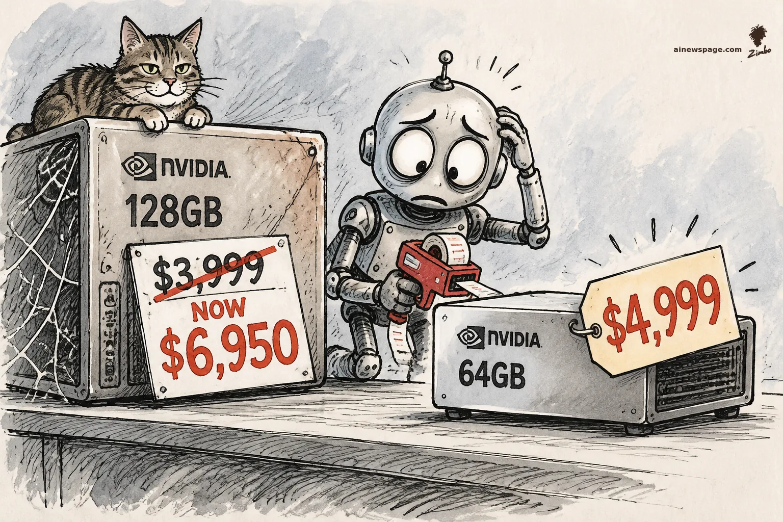 AI cartoon by Zimbo: Satirical Zimbo cartoon: Merv the worried robot holds a price gun between two NVIDIA desktop boxes - a big dusty 128GB box with its $3,999 price crossed out and a 'NOW $6,950' tag, and a small 64GB box wearing an oversized $4,999 price tag - while Issue the tabby cat loafs atop the big box.