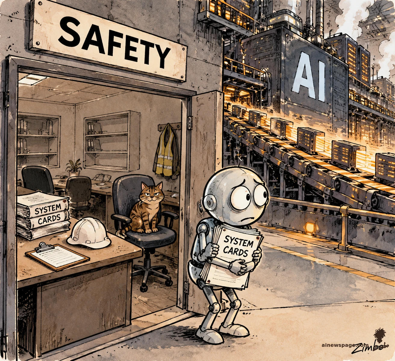 AI cartoon by Zimbo: Satirical Zimbo cartoon: worried robot Merv holds a stack of SYSTEM CARDS papers at the door of an abandoned office labeled SAFETY — empty chairs, a hard hat and clipboard left behind, Issue the tabby cat sitting in the desk chair — while a giant AI factory churns out model boxes behind him.