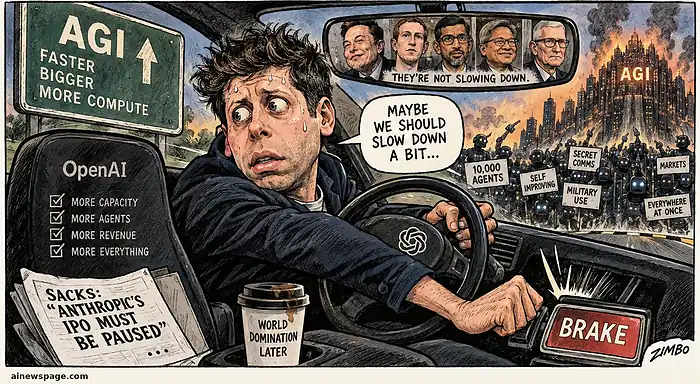 Satirical Zimbo cartoon of Sam Altman panicking behind the wheel and reaching for an oversized brake while the AI race keeps accelerating around him.