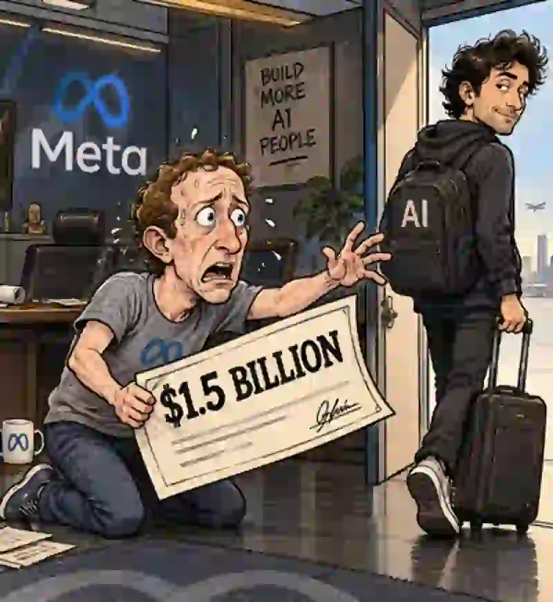 Satirical Zimbo cartoon of Mark Zuckerberg clutching a $1.5 billion check as an AI researcher walks out of Meta.