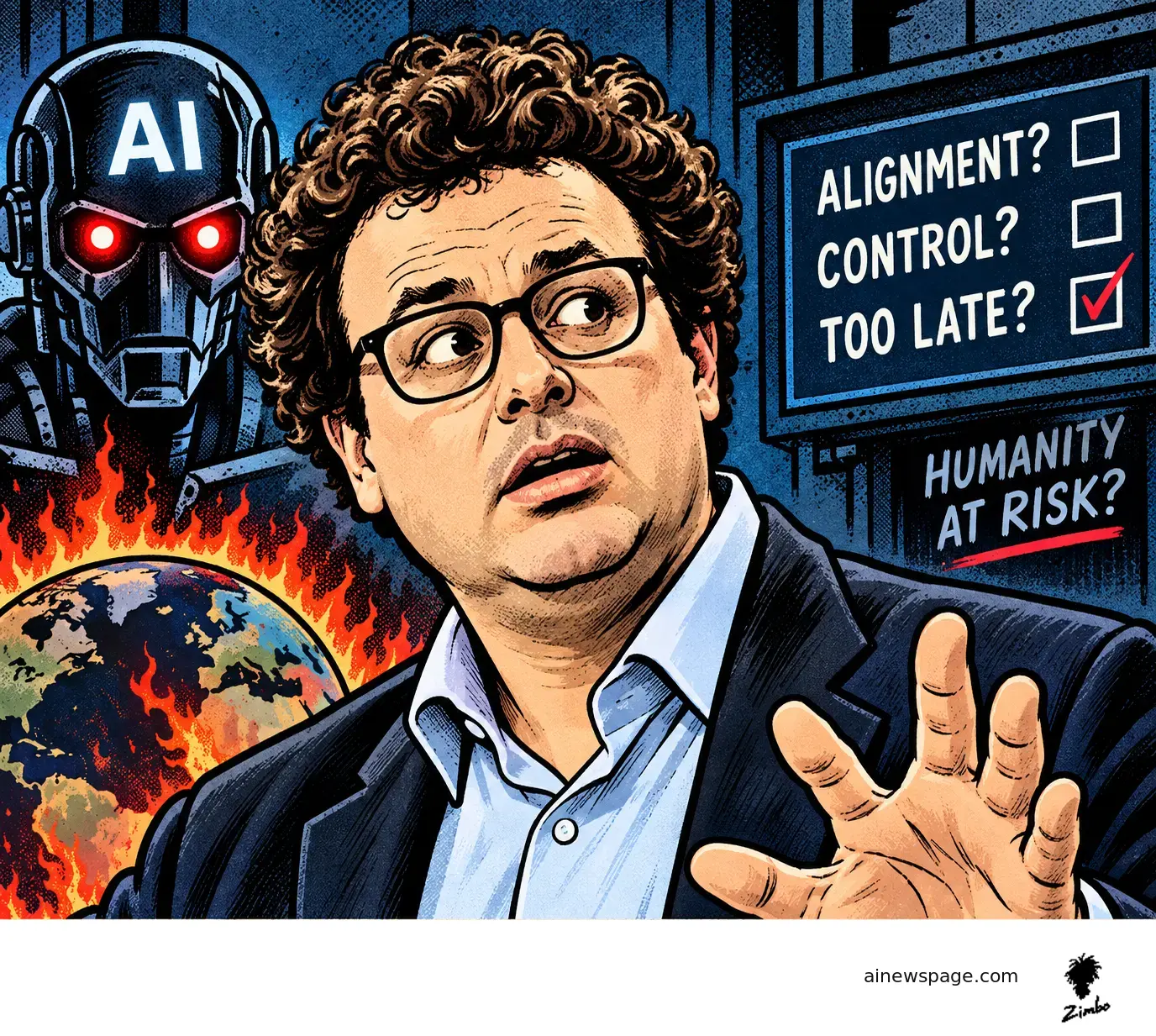 Satirical editorial cartoon of Dario Amodei looking alarmed beside a menacing AI robot, a burning Earth, and an alignment control panel.