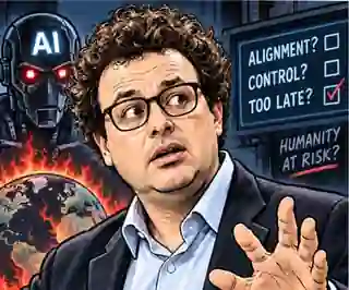 Satirical editorial cartoon of Dario Amodei looking alarmed beside a menacing AI robot, a burning Earth, and an alignment control panel.