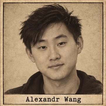 Generated editorial portrait of Alexandr Wang, a labeled sepia photographic dossier mugshot crop from a twelve-person photographic sepia dossier grid.