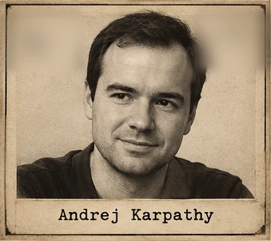 Generated editorial portrait of Andrej Karpathy, a labeled sepia dossier-style mugshot crop from a twelve-person rogues gallery grid.