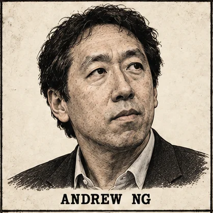 Generated editorial portrait of Andrew Ng, a labeled sepia sketch-style mugshot crop from a nine-person rogues gallery grid.