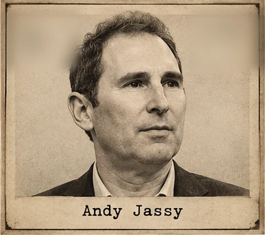 Generated editorial portrait of Andy Jassy, a labeled sepia dossier-style mugshot crop from a twelve-person rogues gallery grid.