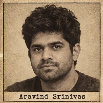 Generated editorial portrait of Aravind Srinivas, a labeled sepia photographic dossier mugshot crop from a twelve-person photographic sepia dossier grid.