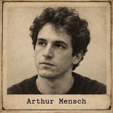 Generated editorial portrait of Arthur Mensch, a labeled sepia photographic dossier mugshot crop from a twelve-person rogues gallery grid.