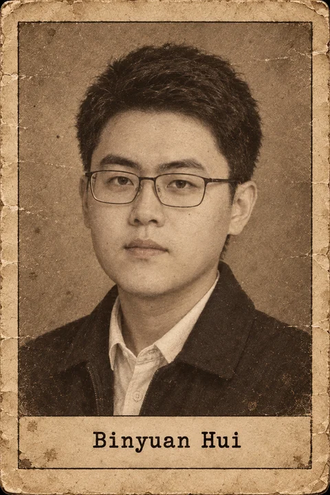 Generated editorial portrait of Binyuan Hui, a labeled sepia dossier-style aged photo card portrait with a printed name plate.