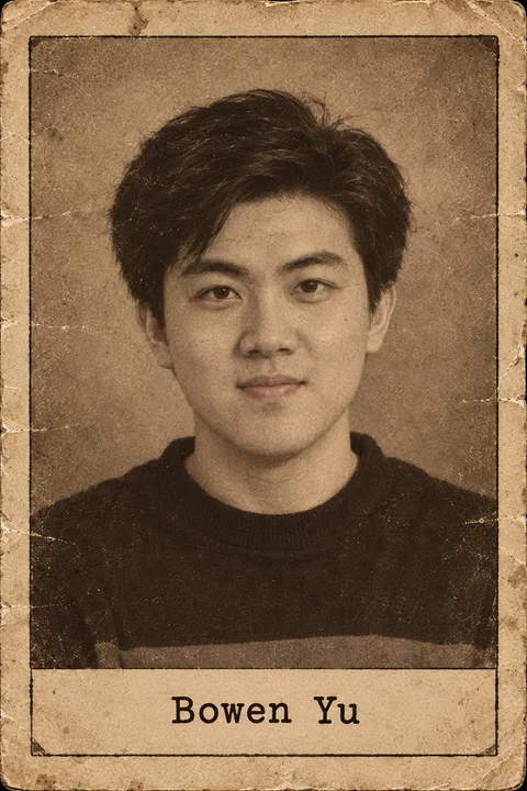Generated editorial portrait of Bowen Yu, a labeled sepia dossier-style aged photo card portrait with a printed name plate.