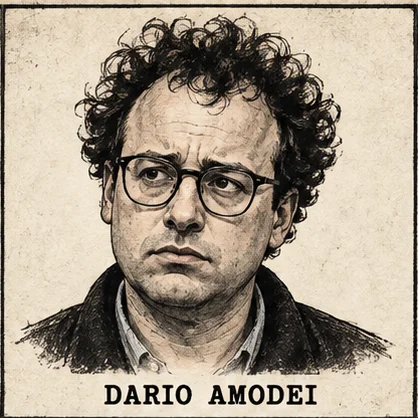 Generated editorial portrait of Dario Amodei, a labeled sketch-style mugshot crop from a nine-person rogues gallery grid.