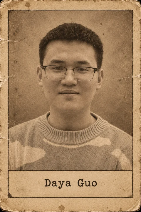 Generated editorial portrait of Daya Guo, a labeled sepia dossier-style aged photo card portrait with a printed name plate.