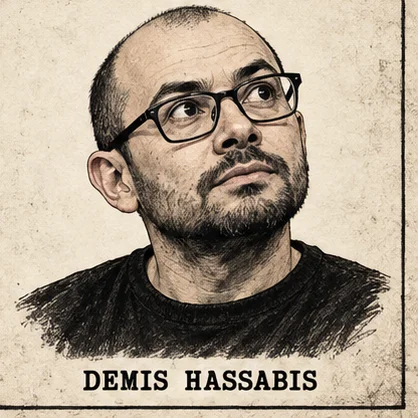 Generated editorial portrait of Demis Hassabis, a labeled sketch-style mugshot crop from a nine-person rogues gallery grid.