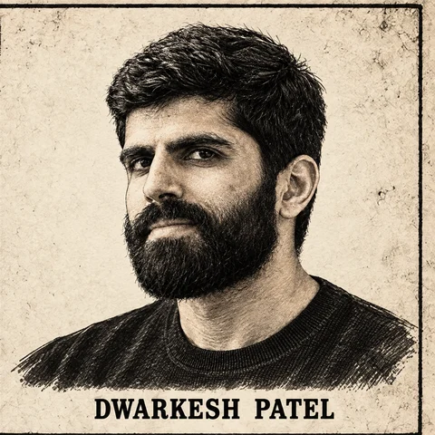 Generated editorial portrait of Dwarkesh Patel in the sepia dossier mugshot treatment.