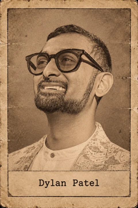 Generated editorial portrait of Dylan Patel, a labeled sepia dossier-style aged photo card portrait with a printed name plate.