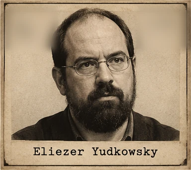 Generated editorial portrait of Eliezer Yudkowsky, a labeled sepia dossier-style mugshot crop from a twelve-person rogues gallery grid.