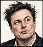 Generated editorial portrait of Elon Musk in the unified mugshot-v2 dossier style.