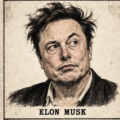 Generated editorial portrait of Elon Musk, a labeled sketch-style mugshot crop from a nine-person rogues gallery grid.
