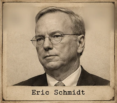 Generated editorial portrait of Eric Schmidt, a labeled sepia dossier-style mugshot crop from a twelve-person rogues gallery grid.