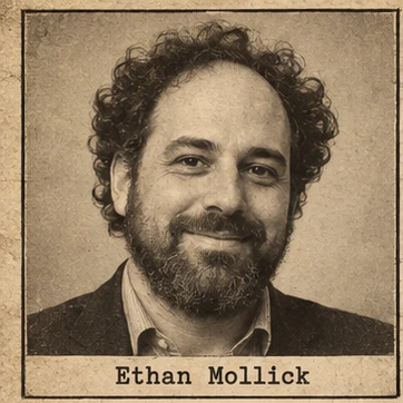 Generated editorial portrait of Ethan Mollick, a labeled sketch-style mugshot crop from a twelve-person rogues gallery grid.