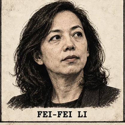 Generated editorial portrait of Fei-Fei Li, a labeled sepia sketch-style mugshot crop from a nine-person rogues gallery grid.