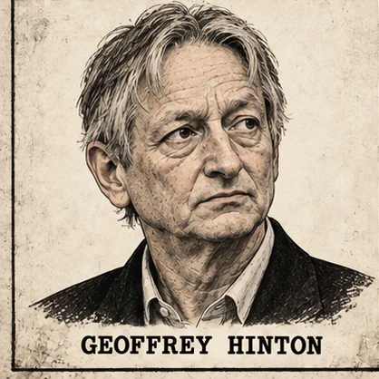 Generated editorial portrait of Geoffrey Hinton, a labeled sepia sketch-style mugshot crop from a nine-person rogues gallery grid.