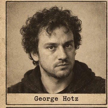 Generated editorial portrait of George Hotz, a labeled sketch-style mugshot crop from a twelve-person rogues gallery grid.