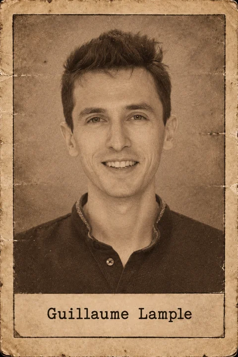 Generated editorial portrait of Guillaume Lample, a labeled sepia dossier-style aged photo card portrait with a printed name plate.