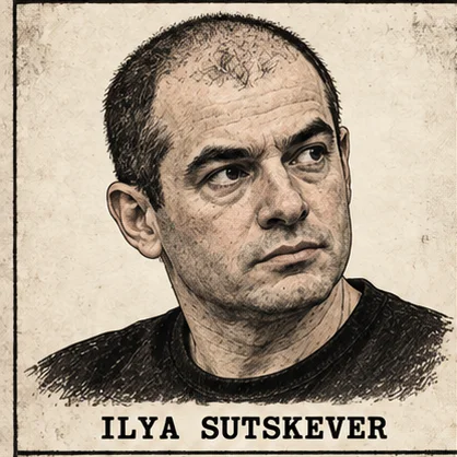 Generated editorial portrait of Ilya Sutskever, a labeled sepia sketch-style mugshot crop from a nine-person rogues gallery grid.