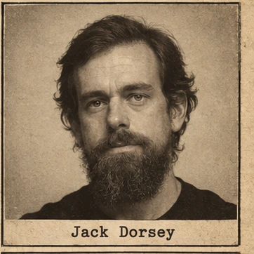 Generated editorial portrait of Jack Dorsey, a labeled sketch-style mugshot crop from a twelve-person rogues gallery grid.