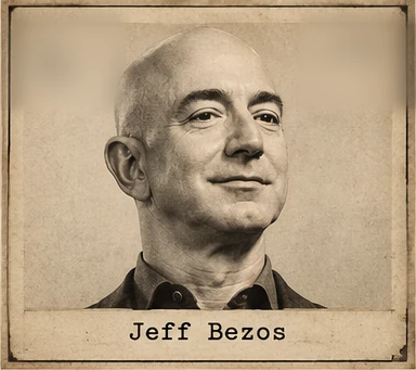 Generated editorial portrait of Jeff Bezos, a labeled sepia dossier-style mugshot crop from a twelve-person rogues gallery grid.