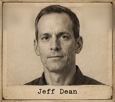 Generated editorial portrait of Jeff Dean, a labeled sepia dossier-style mugshot crop from a twelve-person rogues gallery grid.