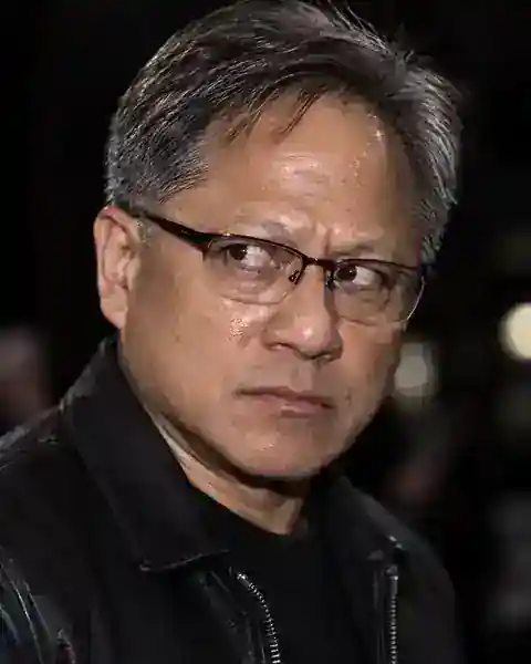 Generated editorial portrait of Jensen Huang with an intense flash-lit side glance.