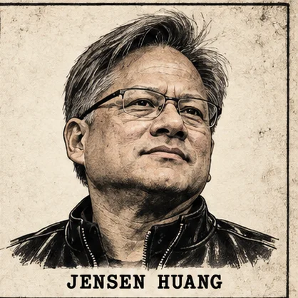 Generated editorial portrait of Jensen Huang, a labeled sketch-style mugshot crop from a nine-person rogues gallery grid.