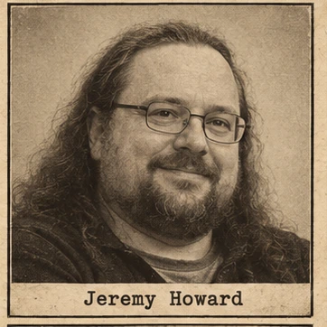 Generated editorial portrait of Jeremy Howard, a labeled sketch-style mugshot crop from a twelve-person rogues gallery grid.