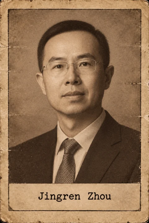 Generated editorial portrait of Jingren Zhou, a labeled sepia dossier-style aged photo card portrait with a printed name plate.