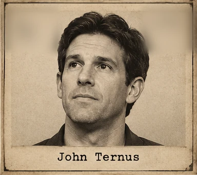 Generated editorial portrait of John Ternus, a labeled sepia dossier-style mugshot crop from a twelve-person rogues gallery grid.
