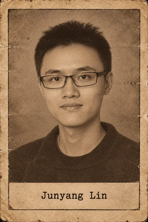 Generated editorial portrait of Junyang Lin, a labeled sepia dossier-style aged photo card portrait with a printed name plate.