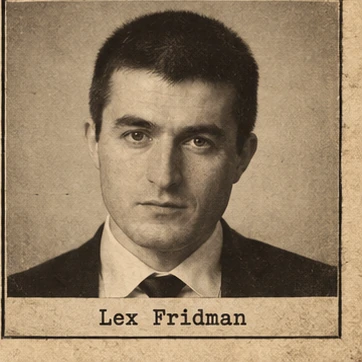 Generated editorial portrait of Lex Fridman, a labeled sketch-style mugshot crop from a twelve-person rogues gallery grid.