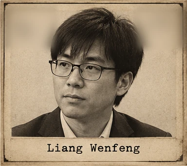 Generated editorial portrait of Liang Wenfeng, a labeled sepia dossier-style mugshot crop from a twelve-person rogues gallery grid.