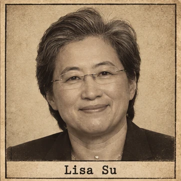 Generated editorial portrait of Lisa Su, a labeled sepia photographic dossier mugshot crop from a twelve-person photographic sepia dossier grid.