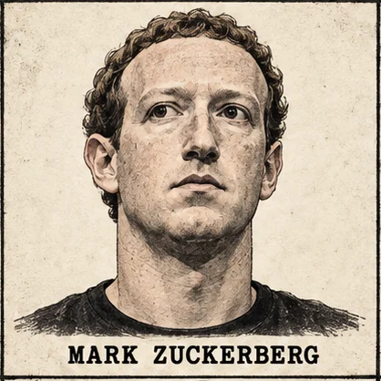 Generated editorial portrait of Mark Zuckerberg, a labeled sketch-style mugshot crop from a nine-person rogues gallery grid.