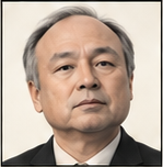 Generated editorial portrait of Masayoshi Son in the unified mugshot-v2 dossier style.