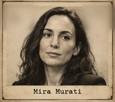 Generated editorial portrait of Mira Murati, a labeled sepia dossier-style mugshot crop from a twelve-person rogues gallery grid.