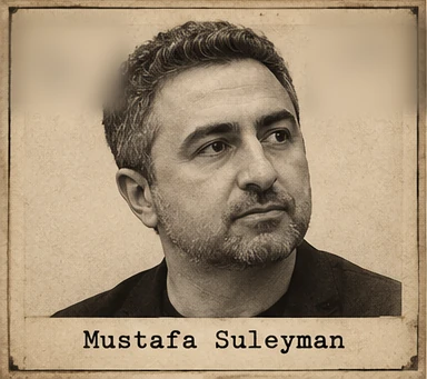 Generated editorial portrait of Mustafa Suleyman, a labeled sepia dossier-style mugshot crop from a twelve-person rogues gallery grid.