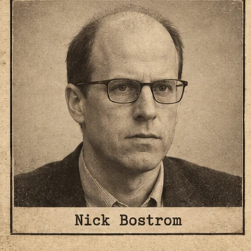 Generated editorial portrait of Nick Bostrom, a labeled sketch-style mugshot crop from a twelve-person rogues gallery grid.