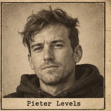 Generated editorial portrait of Pieter Levels, a labeled sketch-style mugshot crop from a twelve-person rogues gallery grid.